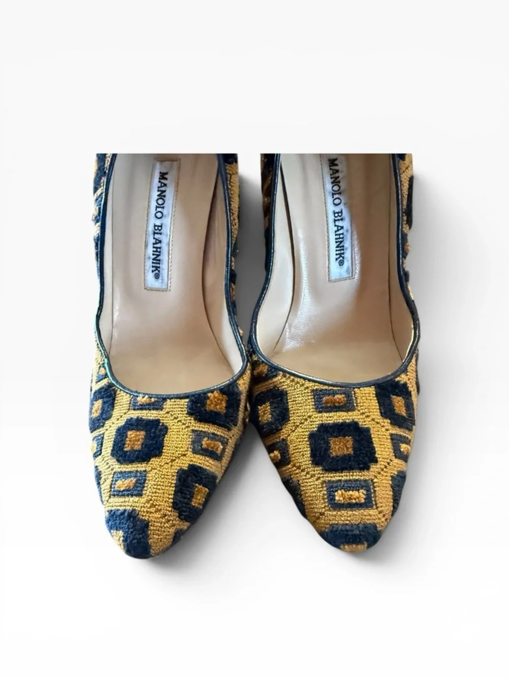 Manolo Blahnik Woven Geometric Block Heel Pumps Mustard & Black EU 38.5 US 8.5